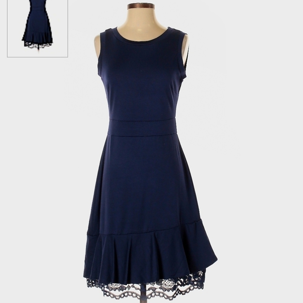Signature Collection Navy Lace Trim Dress Women's Small S Sleeveless Round Neck